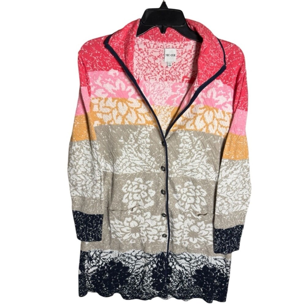 NIC+ZOE Multi Motif Long Cardigan 100% Cotton Sunset Seeker Knit Sweater Size PM